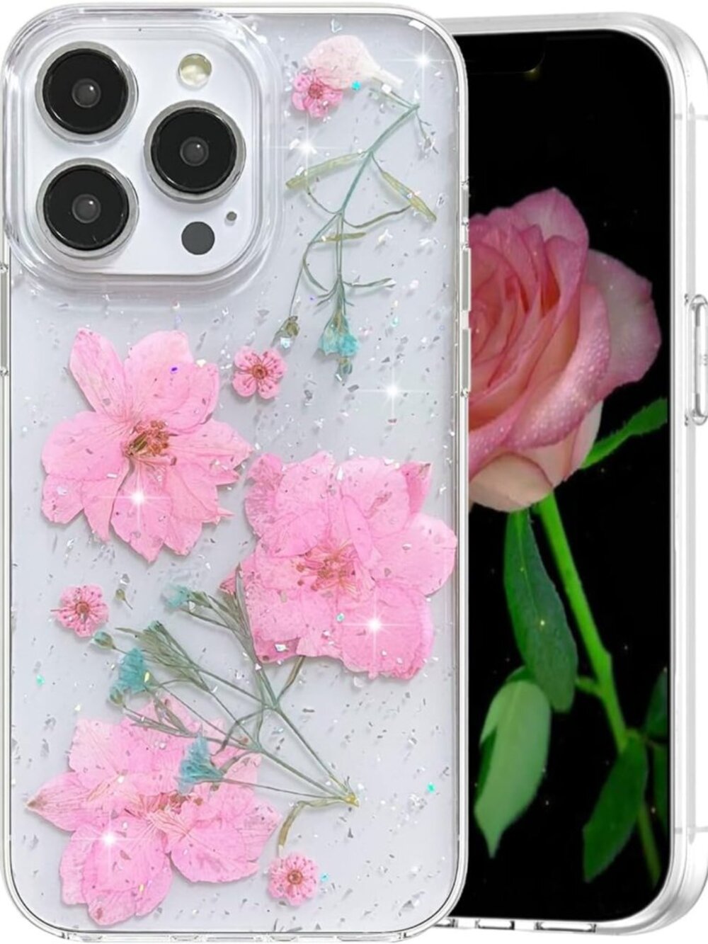 Cute Clear iPhone 12 Pro Max/13 Pro Max Case with Real Flowers & Glitter
